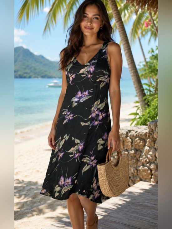 Tommy Bahama Dresses & Skirts - Tommy Bahama Dress Silk Black Floral V-Neck Hawaiian Vacation Resort 12
